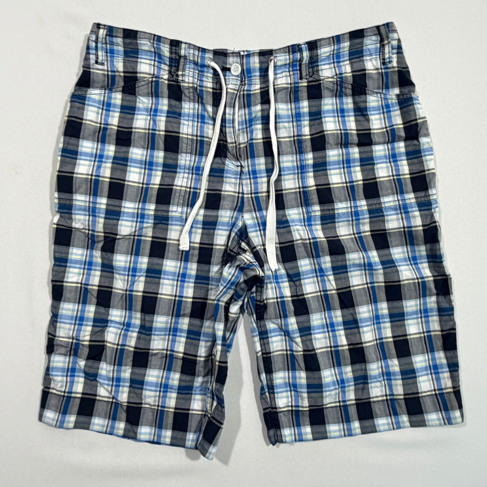 Jones New York Sport Plaid Shorts Women 12 Blue Navy Drawstring Bermuda Casual